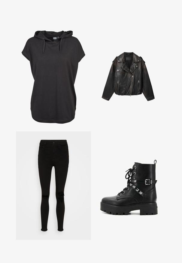 Chaqueta de cuero negra estilo biker con cremallera asimétrica, bolsillos con cremallera en el pecho y los laterales, bolsillo con solapa y botón a presión, y hombreras en los hombros.; Camiseta con capucha negra, de manga corta, hecha de un tejido suave. Presenta cordones ajustables y un corte relajado. Diseño simple, sin patrones.; American Eagle SUPER HIGH RISE - Jeggings - black wash; Botín negro de cuero hasta el tobillo con una plataforma gruesa, parte delantera con cordones, correa ajustable con tachuelas de metal y un acabado texturizado.