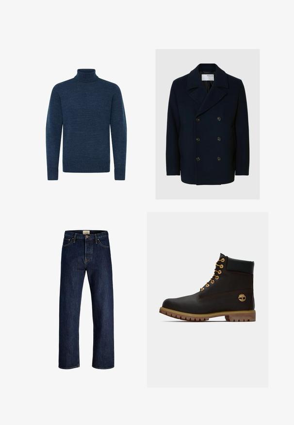 Marineblauwe wollen dubbelzijdige jas met een brede revers, voorzien van grote bruine knopen en een gladde textuur, ontworpen voor warmte.; Navyblauwe coltrui van textuurstof, met lange mouwen en geribde accenten bij de kraag en onderrand.; Donkerblauwe denim jeans met rechte pijpen, voorzijde met knoop, ritssluiting en vijf zakken, plat liggend op een witte achtergrond weergegeven.; Zwarte leren enkellaars met gouden oogjes, bruine accenten en een rubberen zool. Heeft een gevoerde kraag en geperst logo aan de zijkant.