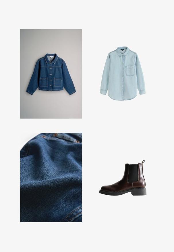 Spijkerjas met lange mouwen, knopen aan de voorkant, puntige kraag en twee voorzakken met opgestikte zakken, getoond op een neutrale achtergrond.; Lichtblauw denim overhemd met lange mouwen en knopen, voorzien van een enkele borstzak en een opgevouwen kraag, plat neergelegd op een witte achtergrond.; Denimstof in donkerblauw, met een gladde textuur en subtiele geweven variaties, en contrasterende stikseldetails.; Bruine leren enkelboot met elastische zijpanelen, ronde neus en een gestructureerde zwarte rubberen zool. Heeft contrasterende stiksels en een lusje aan de achterkant.