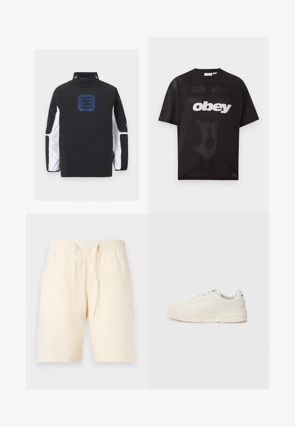 Zwarte jas met lange mouwen, witte panelen op de mouwen, hoge kraag met koordsluitingen en blauw geometrisch logo in het midden van de borst.; Zwart mesh t-shirt met korte mouwen en wit "obey" logo op de borst, ronde hals en relaxte pasvorm.; Roomkleurige casual short met subtiele verticale strepen, elastische tailleband en vooraan een aantrekkoord tegen een effen lichte achtergrond.; Witte sneakers met een glad leren bovenwerk, ronde neus, platte veters en een gestructureerde rubberen zool. Een rode accent op de hiel.