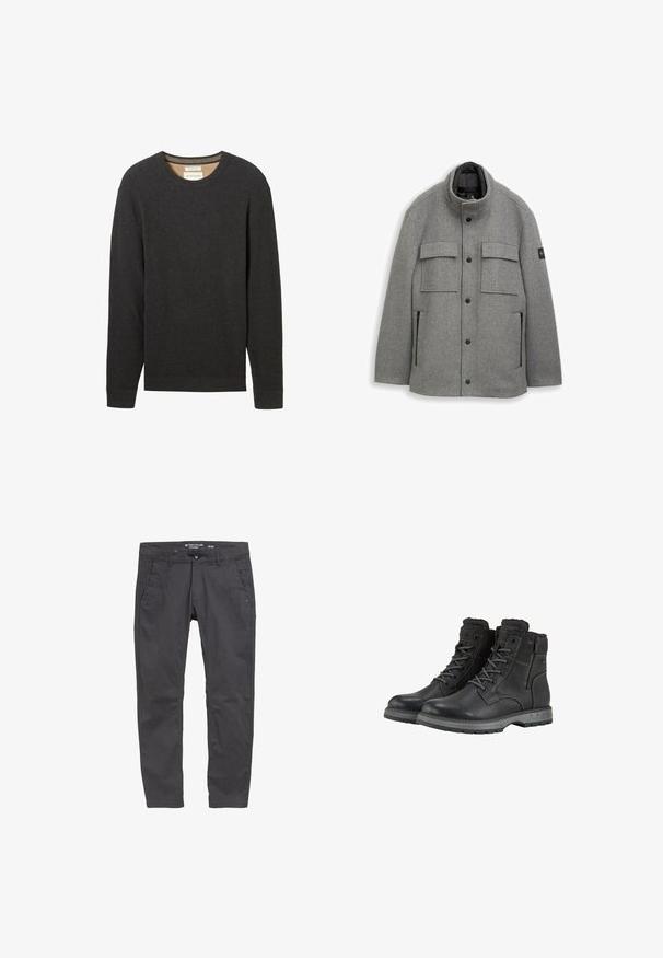 Graue Wolljacke mit hohem Kragen, vorderen Druckknopfverschluss, zwei Brusttaschen und zwei seitlichen Reißverschlusstaschen; strukturiertes Gewebe mit glatter Futter.; Schwarzer gerippter Pullover mit Rundhalsausschnitt und langen Ärmeln. Texturierter Stoff und ein Etikett sind am Ausschnitt sichtbar.; Graue Baumwollhose mit geradem Schnitt, vorderen Taschen und Knopfverschluss. Merkmale sind dezentes Branding und eine glatte Textur.; Schwarze Stiefel aus Leder mit Schnürdesign und seitlichem Reißverschluss, gepolsterter Knöchel und robuster Gummisohle. Verstärkter Nahtdetails.