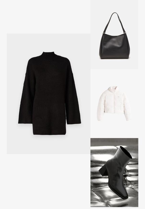 Weiße kurze Steppjacke mit hohem Kragen, Frontreißverschluss und zwei Seitentaschen auf weißem Hintergrund.; Schwarzer oversized Strickpullover mit hohem Stehkragen und langen Ärmeln, der mit einem strukturierten Stoff für zusätzlichen visuellen Reiz ausgestattet ist.; Schwarzer Knöchelstiefel aus glänzendem Material mit quadratischer Zehenform und verjüngtem Absatz, vor einem glänzenden silbernen gepolsterten Hintergrund.; Schwarze Handtasche aus synthetischem Leder mit weicher Textur, Hobo-Form und doppelten Schulterriemen; zeichnet sich durch ein glänzendes Finish und minimalistisches Design aus.