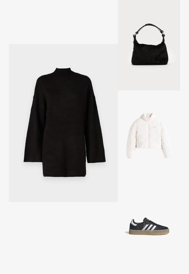 Chaqueta acolchada blanca corta con cuello alto, cremallera frontal y dos bolsillos laterales sobre fondo blanco.; Suéter negro de gran tamaño de punto con un cuello vuelto alto y mangas largas, que presenta una tela texturizada para mayor interés visual.; Zapatilla deportiva de cuero negro con tres rayas plateadas, punta texturizada y suela de goma. Cuenta con un collar acolchado y un diseño con cordones.; Bolso de mano de piel sintética negra con una textura suave, forma redondeada y una resistente correa de cuero negro para el hombro. Acentos de herrajes plateados visibles.