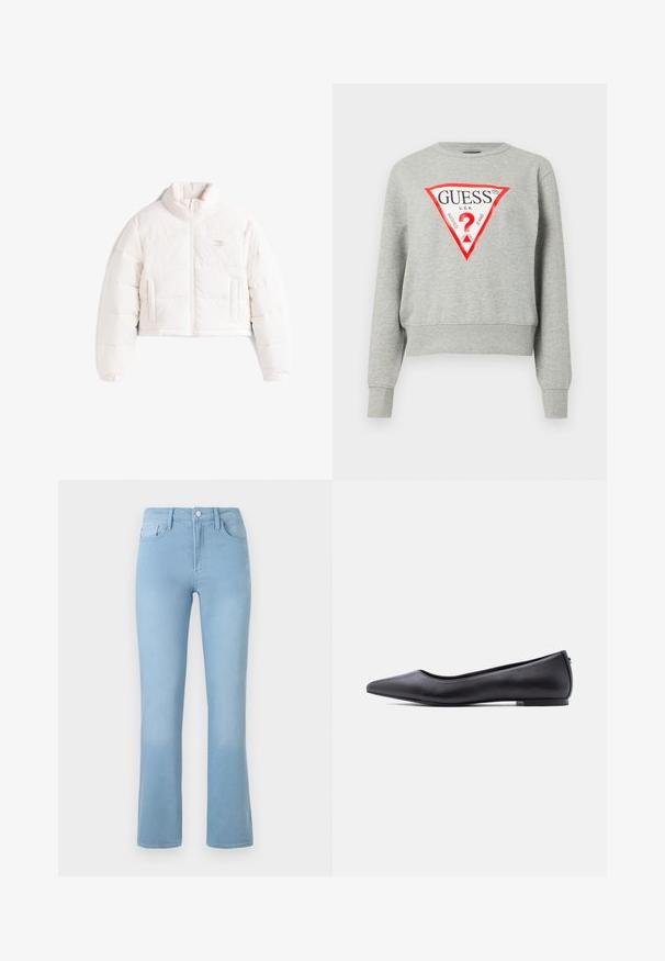 Veste courte matelassée blanche avec col montant, fermeture éclair devant et deux poches latérales sur fond blanc.; Sweatshirt gris avec logo triangulaire rouge comportant le texte "GUESS U.S.A.", manches longues, bords côtes aux poignets et à l'ourlet, fabriqué en tissu doux.; Jeans évasés bleu clair en denim avec une taille haute, un design à cinq poches et une fermeture à bouton à l'avant. Texture lisse sur l'ensemble.; Chaussure plate en cuir noire à bout pointu avec petit talon, vue de profil sur fond blanc.