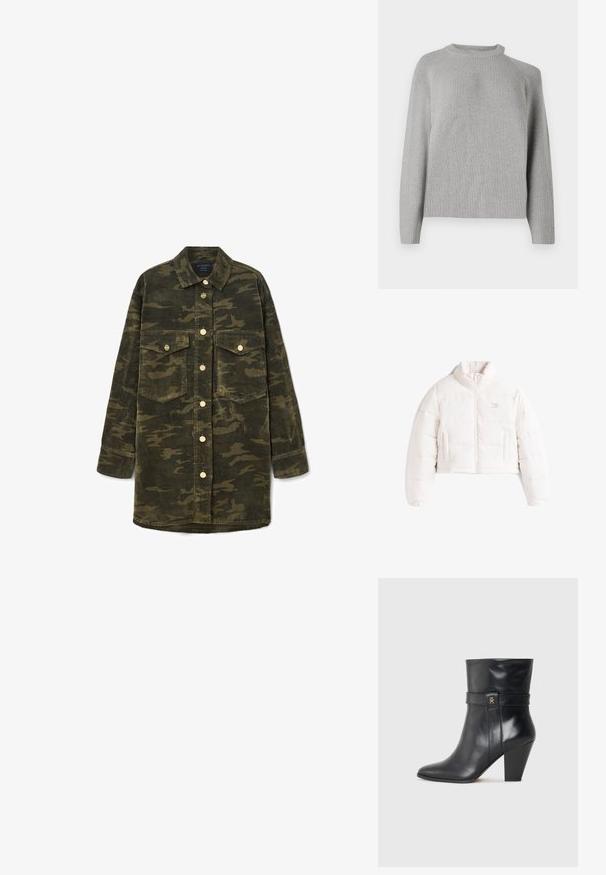 Biela krátka vatovaná bunda s vysokým golierom, predným zipsom a dvoma bočnými vreckami na bielom pozadí.; Copenhagen Muse COLIN PULLOVER - Svetrík - light grey; Dlhý rukáv zeleno-hnědá maskáčová kordurová koženka s golierom, zapínaním na gombíky a dvoma náprsními vreckami so klopou.; Tommy Hilfiger Členkové čižmy na vysokom opätku - black