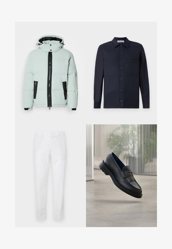 Πουφ jacket σε ανοιχτό μέντα με ψηλό γιακά, μαύρο φερμουάρ και δύο πλαϊνές τσέπες. Διαθέτει ελαστικούς καρπούς και ελάχιστη σήμανση.; Samsøe Samsøe TAKA JO OVERSHIRT - Πουκάμισο - dark blue; Άσπρο παντελόνι στενής γραμμής με θηλιές για ζώνη και πλαϊνές τσέπες, απλωμένο σε φωτεινό φόντο.; Μαύρα δερμάτινα μοκασίνια με ομαλή επιφάνεια, διακοσμητικό λουράκι και υφασμένο πάνελ στο μπροστινό μέρος, καθώς και υφασμένο λαστιχένιο πέλμα.