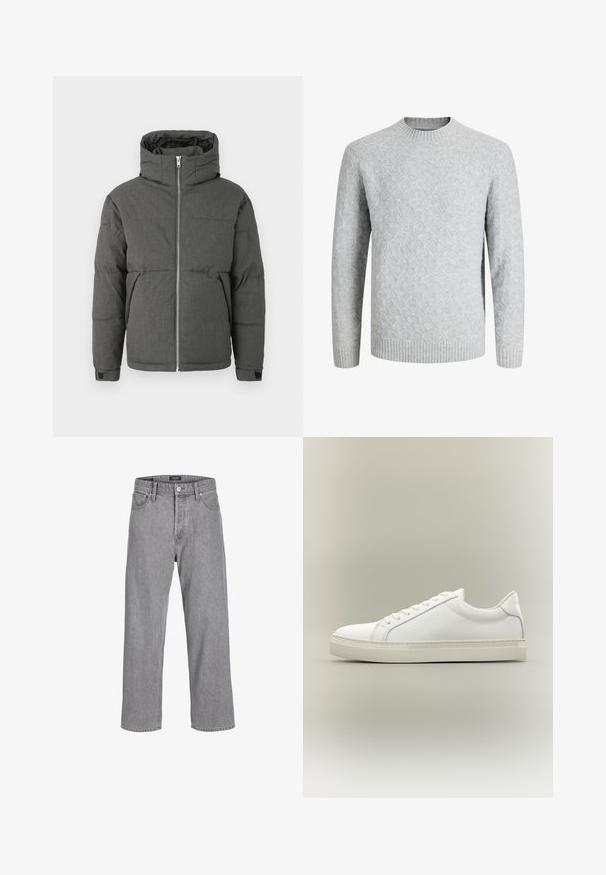 Graue gepolsterte Jacke mit hohem Kragen, Frontreißverschluss und elastischen Bündchen. Sie hat eine glatte Textur und ein kompaktes Design.; Hellgrauer Strickpullover mit Rautenmuster, geripptem Rundhalsausschnitt, Bündchen und Saum, langen Ärmeln, geeignet für kaltes Wetter.; Graue Jeanshose mit einem lässigen, lockeren Schnitt. Verfügt über ein traditionelles Fünf-Taschen-Design und einen Knopfverschluss am Bund.; Weißer Sneaker mit niedrigem Schaft, vorn mit Schnürung und dicker Sohle, aus der Seitenansicht vor neutralem Hintergrund.
