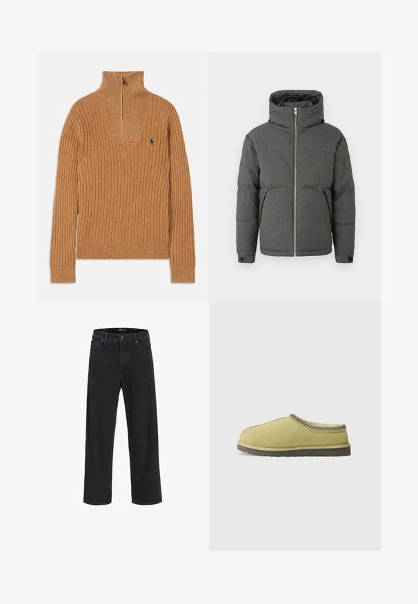 Grå polstret jakke med høj krave, frontlynlås og elastiske manchetter. Har en glat tekstur og kompakt design.; Brun ribbet sweater med høj krave, kvart-lynlås lukning og lille logo på brystet. Blød tekstur, tætsiddende design, lange ærmer.; Sorte denim jeans med lige ben, knap- og lynlåslukning, bæltestropper samt for- og baglommer.; UGG TASMAN II - Hjemmesko - muted brass/magnolia leaf