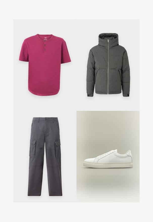 Graue gepolsterte Jacke mit hohem Kragen, Frontreißverschluss und elastischen Bündchen. Sie hat eine glatte Textur und ein kompaktes Design.; Kurzarm-Henley-Shirt in einem lebhaften Magenta-Ton. Mit Rundhalsausschnitt, Drei-Knopf-Leiste und leicht abgerundetem Saum. Weiche Textur.; Hollister Co. SKATER BAGGY - Cargohose - grey; Weißer Sneaker mit niedrigem Schaft, vorn mit Schnürung und dicker Sohle, aus der Seitenansicht vor neutralem Hintergrund.