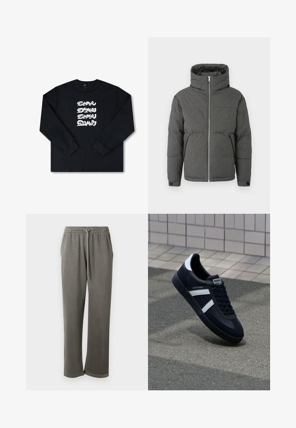 Grå polstret jakke med høj krave, frontlynlås og elastiske manchetter. Har en glat tekstur og kompakt design.; Sort sweatshirt med lange ærmer, der har et hvidt gentaget grafisk logo i stiliseret skrifttype på forsiden. Fremstillet af blødt stof.; Grå bomulds-sweatpants med elastisk talje og snor, med sidelommer og en afslappet pasform hele vejen ned ad benene.; Sort lædersneaker med hvide striber, tekstureret gummisål og snørrebånd foran. Har et brandet mærke på tungen.