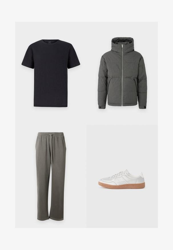 Veste rembourrée grise avec un col haut, fermeture éclair à l'avant et poignets élastiques. Présente une texture lisse et un design compact.; T-shirt noir en tissu doux et léger avec un col rond classique et des manches courtes. Design simple et uni sans motifs ni accents.; Pantalon de survêtement en coton gris avec une taille élastique et un cordon de serrage, doté de poches latérales et d'une coupe décontractée sur les jambes.; Baskets argentées avec une texture lisse, un design à lacets, des accents perforés et une semelle en caoutchouc marron texturé.