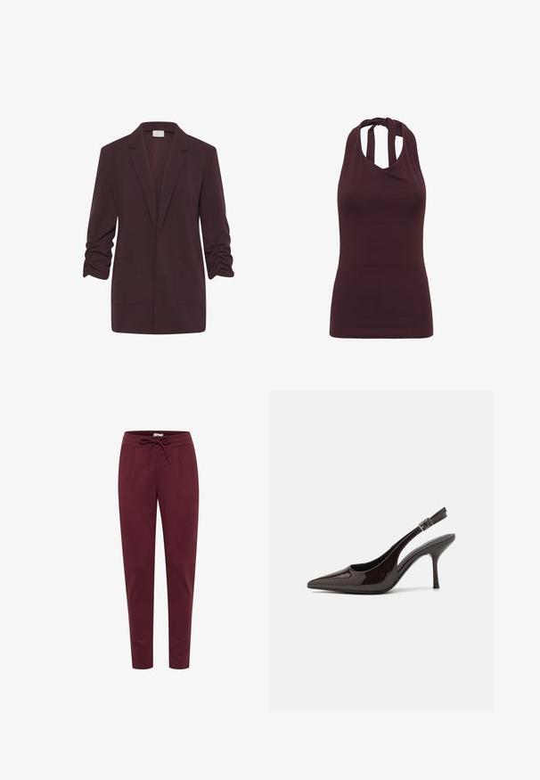 Blazer marron foncé avec manches froncées trois-quarts, deux poches avant plaquées et revers cranté, présenté sur fond blanc.; Haut dos nu violet foncé à col halter avec bretelles torsadées et silhouette ajustée.; Pantalon bordeaux en tissu doux et extensible, avec une taille élastique à cordon de serrage, des plis à l'avant et des jambes fuselées. Texture lisse sur l'ensemble.; Soulier à talons hauts type slingback en cuir verni marron foncé brillant, à bout pointu, côtés ouverts et bride de cheville réglable.
