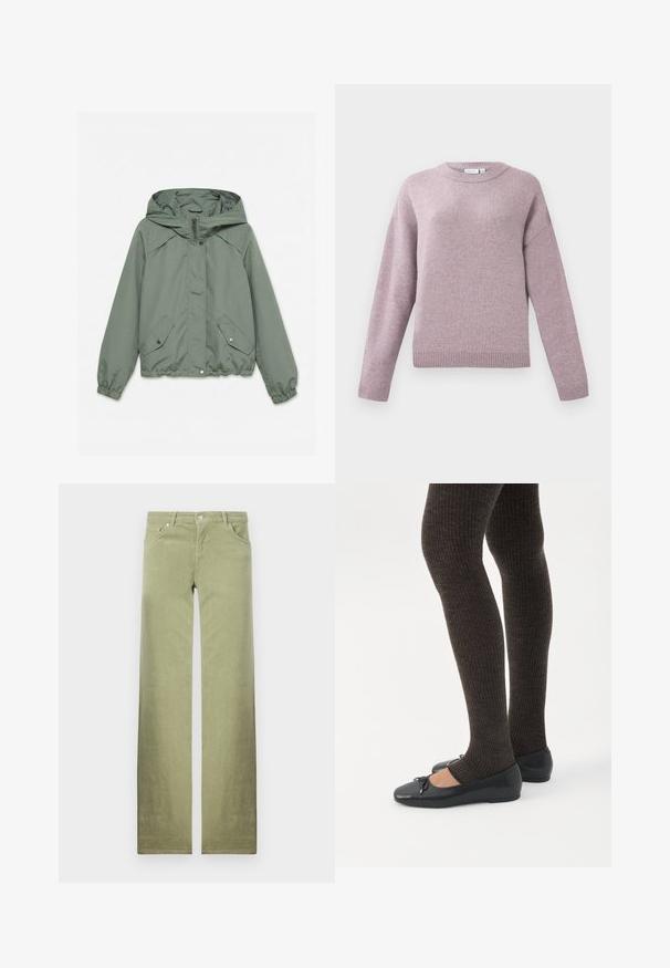 Lysegrøn hættejakke med lynlås foran, to lommer med trykknapper og elastiske manchetter og kant, lagt fladt på hvid baggrund.; Langærmet crewneck sweater i blød lavendelstrik med ribbede manchetter og kant, vist mod en hvid baggrund.; Grønne bomuldsbukser med lige ben, der har frontlommer, knaplukning og en ren, struktureret stoffinish.; Ben iført mørke ribbede leggings kombineret med sorte balletsko med små sløjfedetaljer på hvid baggrund.