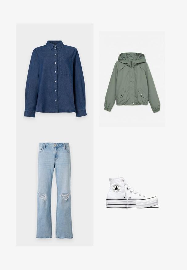 Chaqueta con capucha verde claro con cremallera frontal, dos bolsillos con botones a presión y puños y bajo elásticos, colocada plana sobre un fondo blanco.; Camisa de mezclilla azul oscuro de manga larga con un cierre frontal de botones, cuello puntiagudo, un bolsillo en el pecho y puños abotonados.; Jeans de denim azul claro con un diseño de pierna recta, que cuentan con dos desgastes en las rodillas, un cierre de botón metálico y cinco bolsillos.; Zapatilla blanca de caña alta Converse Chuck Taylor All Star con parche de logo negro y cordones blancos, presentada sobre fondo blanco.