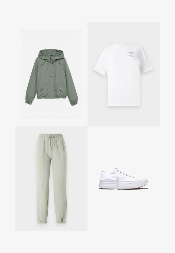 Chaqueta con capucha verde claro con cremallera frontal, dos bolsillos con botones a presión y puños y bajo elásticos, colocada plana sobre un fondo blanco.; Camiseta blanca de manga corta con pequeño logo rojo de "Billabong Surf Club 1973" y gráfica de un surfista en la parte superior izquierda del pecho.; Pantalones de chándal verde claro con un cinturón elástico, cordón ajustable y puños ajustados. Presenta detalles de costura vertical a lo largo del frente.; Zapatilla blanca de lona de perfil bajo con suela gruesa de plataforma, cierre de cordones en el frente y puntera de goma texturizada, mostrada de perfil.