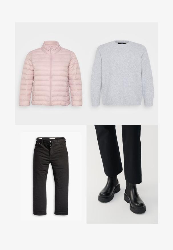 Heled roosa soe jakk kõrge kraega, ees lukuga ja horisontaalsete õmblustega tekstuuri jaoks. Valmistatud siledast sünteetilisest materjalist.; Vero Moda Curve Knitted VMCBOOM Knitted - Džemper - light grey melange; Mustadest denimist valmistatud sirge säärega teksad, millel on nööbid ja viis taskut, samuti peened õmblused. Sile tekstuur.; Isik, kes kannab musta paksu tallaga nahast pahkluu-saapaid, mida on kombineeritud mustade sirgete pükstega valgel taustal.