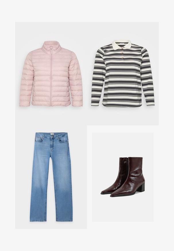 Lichtroze gewatteerde jas met een hoge kraag, een rits aan de voorkant en horizontale stiksels voor textuur. Gemaakt van een glad synthetisch materiaal.; Polo shirt met lange mouwen in een zwart-wit gestreept patroon, voorzien van een contrasterende witte kraag en drie decoratieve knoopaccenten.; Lichtblauwe rechte jeans met knoop- en ritssluiting, riemlussen en vijf zakken, plat neergelegd op een witte achtergrond.; Glinsterende donkerbruine leren enkellaarzen met puntige neuzen, een zijrits en blokhakken op een effen lichtgrijze achtergrond.