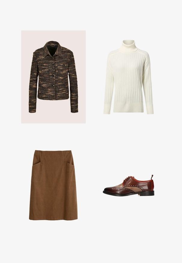 Bruine en zwarte gebreide jas met textuur, lange mouwen, knoopsluiting aan de voorkant, twee borstzakken en een klassieke kraag.; Crème-kleurige turtleneck trui met een ribbelstructuur, lange mouwen en een relaxte fit, met subtiele kleurvariaties doorheen.; Bruine katoen rok met een aansluitende taille, twee zijzakken en een rechte snit. De stof heeft een zachte textuur en een subtiele glans.; Bruine leren herenschoenen in twee tinten met brogue-details, vetersluiting en zwarte zool, zijaanzicht op witte achtergrond.