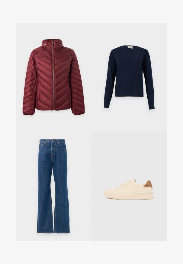 Veste matelassée bordeaux avec motif chevron, col montant et fermeture éclair centrale sur un fond clair uni.; Pull à manches longues bleu marine à col rond avec poignets et ourlet côtelés, présenté sur un fond clair uni.; Jean flare en denim bleu avec taille haute, comportant cinq poches, une fermeture à bouton en métal argenté et des accents de couture visibles.; Baskets basses beige avec lacets beiges, languette de talon à motif marron clair et logo "Coach New York" sur le côté.