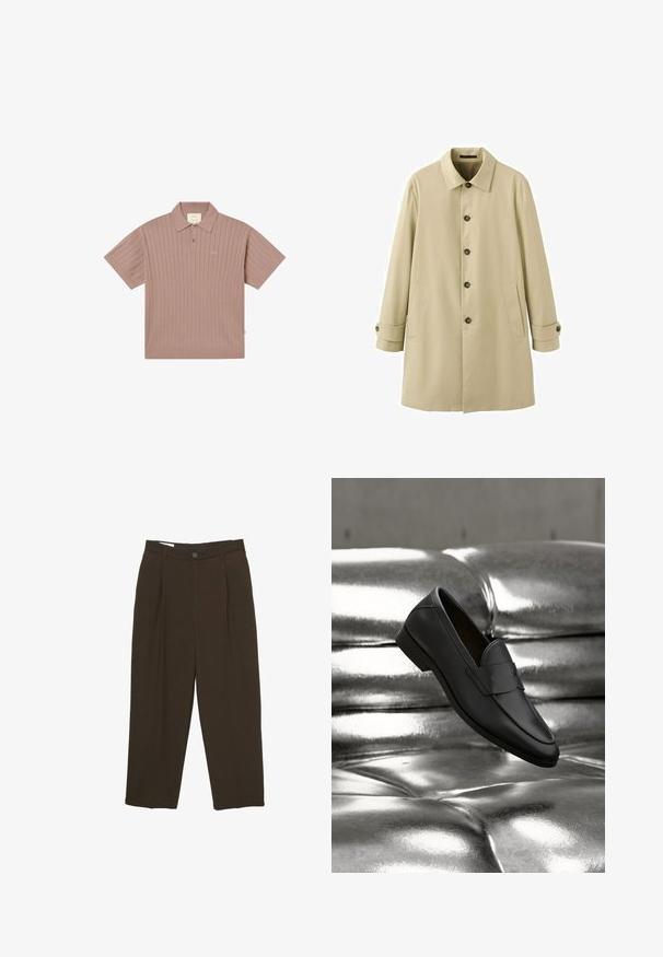 Trench-coat beige à simple boutonnage avec quatre boutons foncés, poches latérales, col classique et brides boutonnées aux manches.; Polo à manches courtes en maille côtelée couleur mauve atténué, avec deux boutons et un logo brodé discret sur la poitrine gauche.; Pantalons ajustés marron foncé avec des plis à l'avant, passants de ceinture et fermeture à bouton à la taille.; Mocassin en cuir noir flottant au-dessus d'un canapé en cuir argenté brillant capitonné dans un décor neutre.