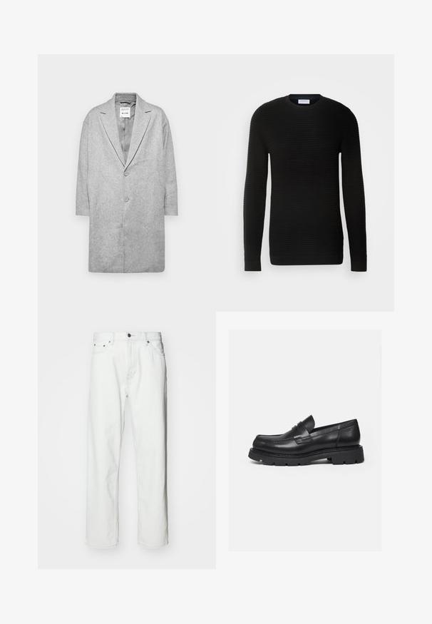 Grå uldmix frakke med slagkrave, dobbelte knaplukninger og trekvartærmer. Glat tekstur med et minimalistisk design.; Sort langærmet sweater med ribbet tekstur, rund halsudskæring og tætsiddende manchetter. Fremstillet af et blødt, strækbart materiale.; Hvide denimbukser med lige pasform, fem-lomme design, knaplukning og subtile syninger. Glat tekstur og minimalistisk stil.; Sort læderloafer med tyk rillede sål og penny-remdetalje, vist i højre sideprofil på hvid baggrund.