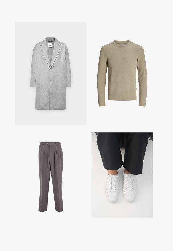 Halli villasegude mantel nööpidega kraega, kahekordne nööpide sulgemine ja kolmveerandvarrukad. Sile tekstuur ja minimalistlik disain.; Beige soonik, millel on ümmargune kaelus ja pikad varrukad. Minimalistlik disain, tekstuuriga kangas ja väike silt küljes.; Hallide pleeditud püksid, mis on valmistatud siledast kangast, otse jala disainiga, ühe nupuga kinnituse ja kaldus küljetaskutega.; Valged nahast tossud, millel on sile tekstuur, ümar varvas ja klassikaline nöörimis süsteem, paiknevad tumedate, vabalt istuvate pükste kohal.