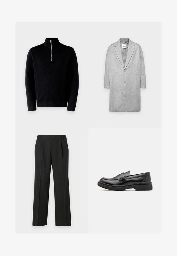Grå uldmix frakke med slagkrave, dobbelte knaplukninger og trekvartærmer. Glat tekstur med et minimalistisk design.; Sort pullover sweater med høj krave og halv lynlås. Lavet af ribbet stof, den har lange ærmer og en glat tekstur.; Sorte vidde bukser med elastisk talje, plisseret front og glat tekstur. Ingen synlige mønstre eller hardwaredetaljer.; Sort læder loafersko med en bred rem over forfoden, gummisål med tykke mønstre og glat overflade. Klassisk, slankt design.