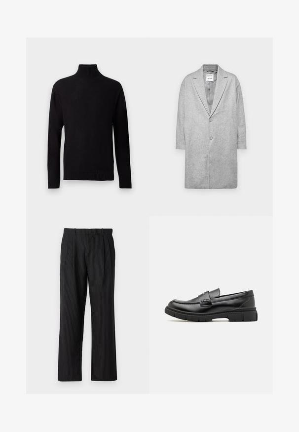Grå uldmix frakke med slagkrave, dobbelte knaplukninger og trekvartærmer. Glat tekstur med et minimalistisk design.; Sort strikket langærmet rullekrave sweater med ribstrikkede manchetter, kant og hals, vist på en lys grå baggrund.; Jack & Jones Classic Wide Leg Fit - Bukser - black; Sort læder loafersko med en bred rem over forfoden, gummisål med tykke mønstre og glat overflade. Klassisk, slankt design.