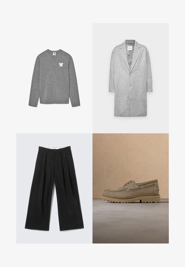 Grå uldmix frakke med slagkrave, dobbelte knaplukninger og trekvartærmer. Glat tekstur med et minimalistisk design.; Grå strikket sweater med en rund halsudskæring og ribbede manchetter. Et hvidt bogstav "W" er broderet på venstre bryst. Blød tekstur.; Sorte bukser med vide ben, læg, bæltestropper og en knaplukning, vist mod en lys grå baggrund.; Beige ruskind casual snørestøvle med tyk, rillet sål, vist i luften over matchende beige struktureret overflade og baggrund.