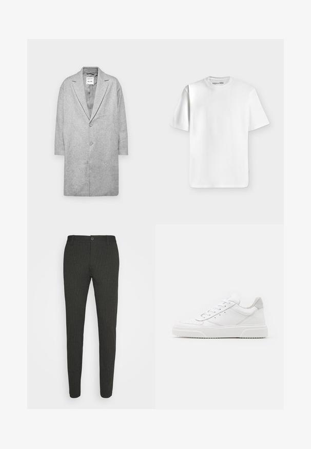Manteau en mélange de laine gris avec un col en V, fermeture à double bouton et manches trois-quarts. Texture lisse avec un design minimaliste.; T-shirt blanc uni à manches courtes et col rond, posé à plat sur un fond gris clair avec une petite étiquette de marque à l’intérieur du col.; Pantalons à fines rayures gris foncé avec une coupe ajustée, dotés d'une taille standard et d'une fermeture à un bouton. Texture lisse et design sur mesure.; Des baskets en cuir blanc avec une finition lisse, un bout rond, des lacets plats et une semelle texturée. Accents en daim gris au niveau du talon.