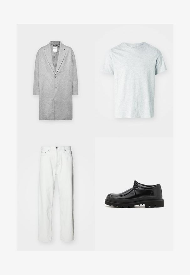 Grå uldmix frakke med slagkrave, dobbelte knaplukninger og trekvartærmer. Glat tekstur med et minimalistisk design.; Lys grå, kortærmet t-shirt lavet af blødt stof, med en rund hals og en let afslappet pasform. Ingen synlige mønstre eller grafik.; Hvide denimbukser med lige pasform, fem-lomme design, knaplukning og subtile syninger. Glat tekstur og minimalistisk stil.; Sorte læder derby-sko med et strømlinet design, rund tå og struktureret gummisål med dybe riller for bedre greb.