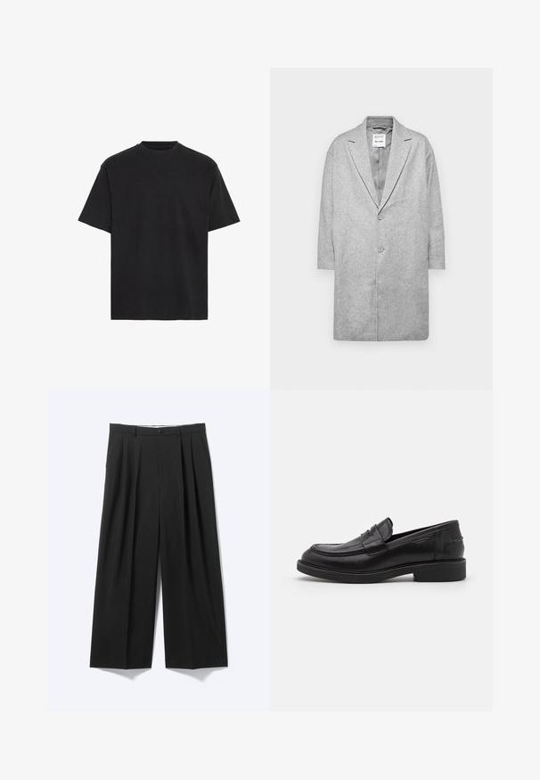 Grå uldmix frakke med slagkrave, dobbelte knaplukninger og trekvartærmer. Glat tekstur med et minimalistisk design.; Sort bomulds T-shirt, korte ærmer, rund hals, letvægts, løs pasform, glat tekstur, ingen synlige mønstre eller accenter.; Sorte bukser med vide ben, forplisser, bæltestropper og knaplukning vist på en ensartet lys baggrund.; Sorte læder loafers med en rund tå, tonale syninger og en stropdetalje foran. Gummisål med en lav hæl.
