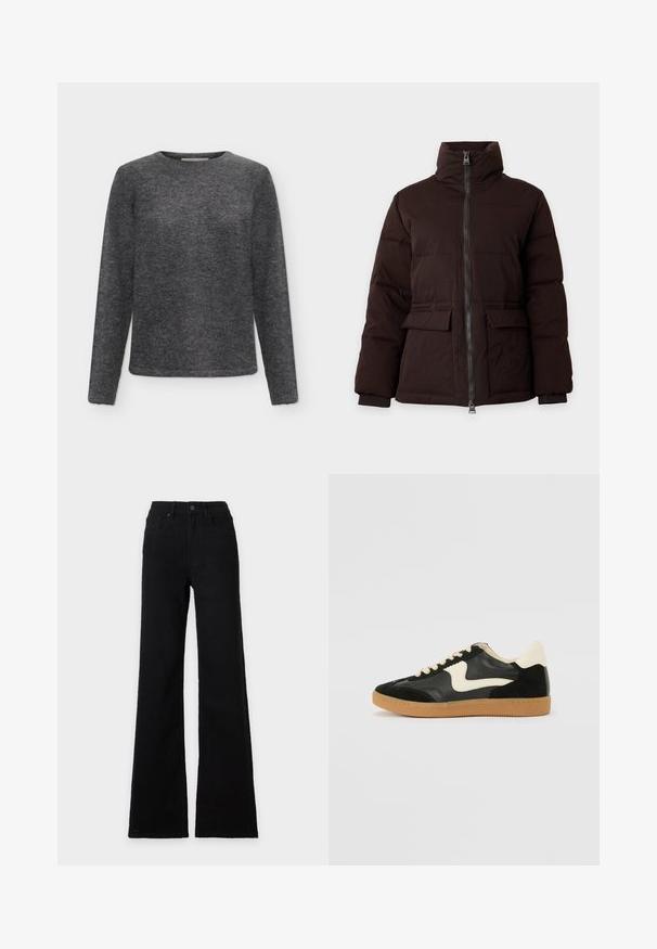 Veste matelassée marron foncé avec col montant, fermeture éclair frontale, deux poches à rabat et poignets côtelés sur un fond clair uni.; Pull à manches longues gris foncé à col rond, fabriqué en tissu tricoté doux et duveteux avec une coupe régulière.; Jean noir taille haute avec fermeture bouton et fermeture éclair, poches avant, passants de ceinture et jambes larges évasées.; Baskets en daim et cuir noir avec un swoosh latéral crème et un talon crème clair. Dotées de lacets beige et d'une semelle en caoutchouc gomme.