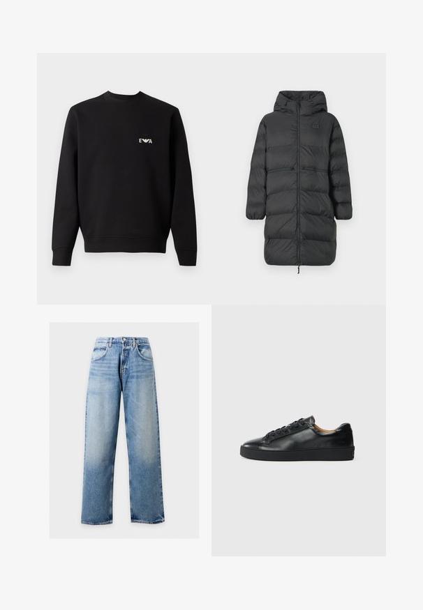 Zwarte lange pufferjas met capuchon, elastische manchetten, ritssluiting aan de voorkant en twee horizontale ritszakken op de taille, met een klein EA7-logo op de borst.; Zwarte sweatshirt met ronde hals, lange mouwen en ribgebreide manchetten. Bevat een klein, wit geborduurd logo op de borst. Gemaakt van een katoenmix.; Lichtblauwe jeans met wijde pijpen, voorzakken, riemlussen en een knoopsluiting tegen een effen achtergrond.; Zwarte leren sneaker met een gladde textuur, ronde neus en vetersluiting. Heeft een dikke rubberen zool en minimale merkaanpassing.