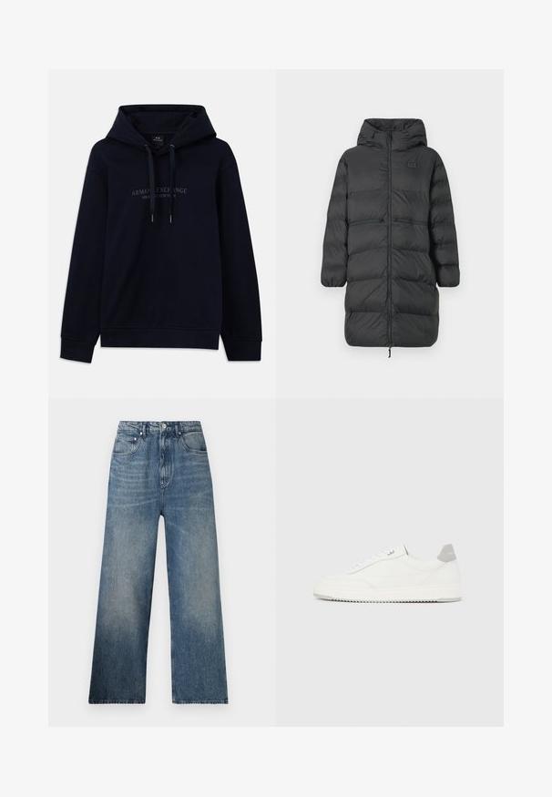 Sort lang pufferjakke med hætte, elastiske manchetter, frontlynlås og to horisontale lynlåslommer i taljen, med et lille EA7-logo på brystet.; Marineblå hoodie med snoretræk og "Armani Exchange Milano / New York" trykt på brystet, med ribbede manchetter og kant.; Blå denim bredbenede jeans med høj talje, subtilt slid, fem lommer og metalknaplukning foran.; Hvid lavtop-sneaker med gråt hælflig, hvide snørebånd og tekstureret sål, vist på en ensfarvet lys baggrund.