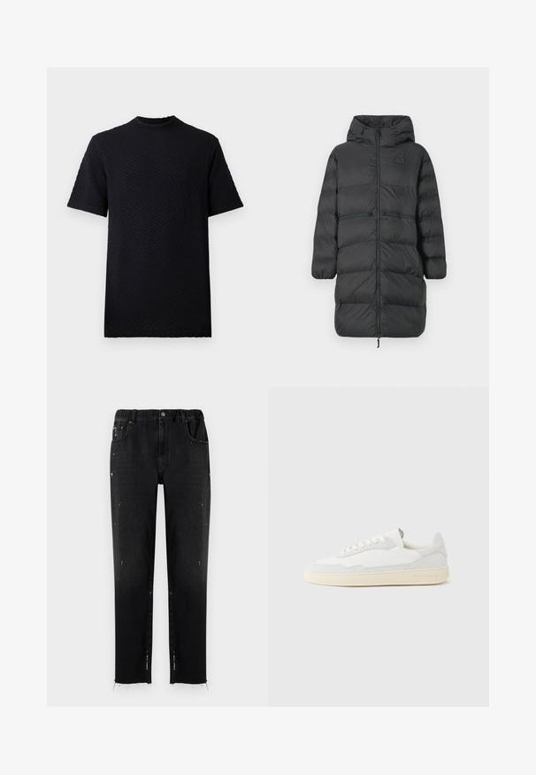 Čierny dlhý puff coat s kapucňou, elastickými manžetami, predným zipsom a dvoma horizontálnymi zipsovými vreckami v oblasti pásu, s malým logom EA7 na hrudníku.; Čierne tričko s krátkym rukávom a štruktúrovaným, vlnitým vzorom a okrúhlym výstrihom. Vyrobené z mäkkej látky, s voľným strihom a bez viditeľného loga.; Čierne džínsy vyrobené z denimu s elastickým pásom, rovný strih, so zničenými detailmi a roztrhnutým lemom. Obsahujú vrecká a zapínanie na gombík.; Biela teniska s jemne štruktúrovaným zvrškom zo semišu a kože. Má zaoblenú špičku, viazanie na šnúrky a kontrastnú béžovú gumovú podrážku.