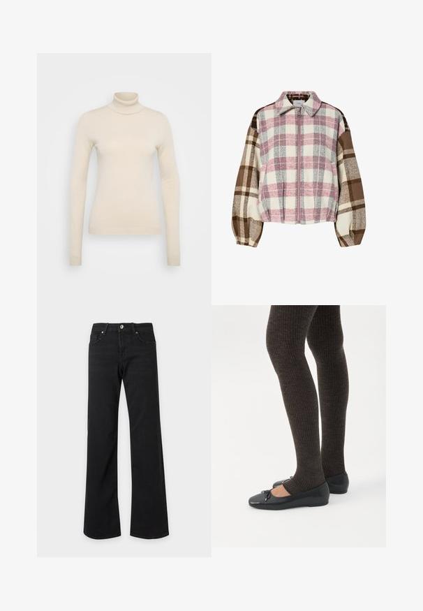 Ruuduline jakk, kus esinevad roosa, kreemikas, pruun ja hall toonid. Pehme kangas, mis sisaldab kraega, esilukuga ja ümarate, patsiliste varrukatega.; Vero Moda Tall VMHAPPINESS ROLLNECK - Džemper - oatmeal; Mustad kõrge vöökohaga teksad sirgete laia säärega, ees taskud, vööaasad ja metallist nööpkinnitusega valgel taustal.; Jalad seljas tumedad soonelises soonelises kombines mustade baleriinadega, millel on väikesed paelade detailid valgel taustal.