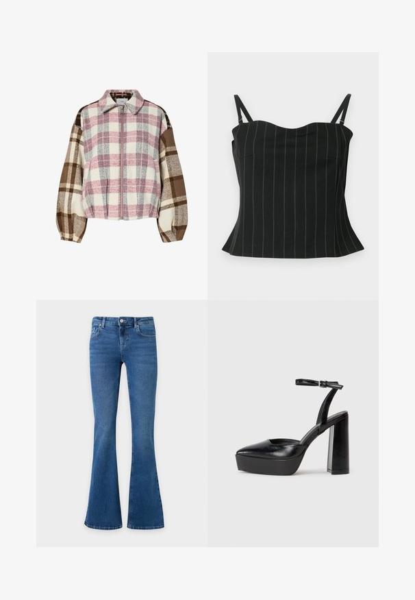 Veste à carreaux avec des nuances de rose, crème, marron et gris. Tissu doux avec un col, une fermeture éclair frontale et des manches arrondies et bouffantes.; Top en camisole noir avec de fines rayures verticales, doté de bretelles spaghetti, d'un décolleté en forme de cœur et d'un ourlet évasé au bas.; Jean en denim bleu avec jambes évasées, fermeture à bouton et zip devant, et poches avant et arrière sur un fond uni.; Escarpins noirs à plateforme avec un bout pointu et une sangle réglable à la cheville. Conçus en cuir lisse, avec un large talon bloc.