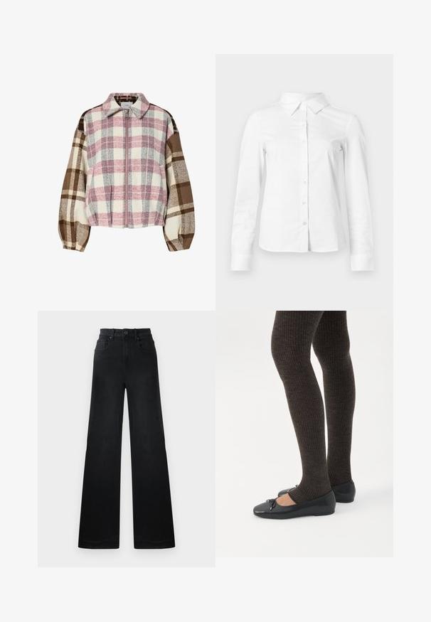 Geruite jas met roze, crèmekleurige, bruine en grijze tinten. Zachte stof met kraag, ritssluiting aan de voorkant en afgeronde, opgeblazen mouwen.; Witte blouse met lange mouwen en knopen, met puntige kraag, rechte zoom en aansluitende silhouet, weergegeven op een effen lichte achtergrond.; Zwarte denim broeken met wijde pijpen en een strakke taille, voorzien van riemlussen, voor- en achterzakken, en een gladde textuur.; Benen met donkere geribbelde leggings gecombineerd met zwarte ballerina's met kleine strikdetails op een witte achtergrond.