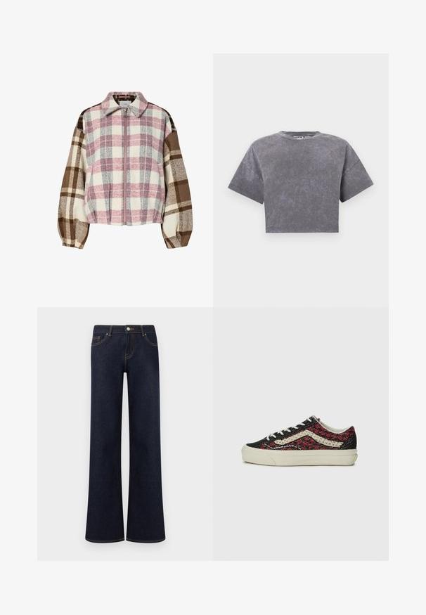 Chaqueta a cuadros con tonos rosa, crema, marrón y gris. Tela suave con cuello, cremallera frontal y mangas redondeadas y abullonadas.; Camiseta corta gris con textura desgastada y descolorida, con mangas cortas anchas, sobre un fondo blanco liso.; Jeans vaqueros de pierna ancha en azul oscuro, con bolsillos delanteros, cierre de botón y cremallera, y costuras contrastantes visibles.; Vans OLD SKOOL 36 UNISEX - Zapatillas - bordeaux