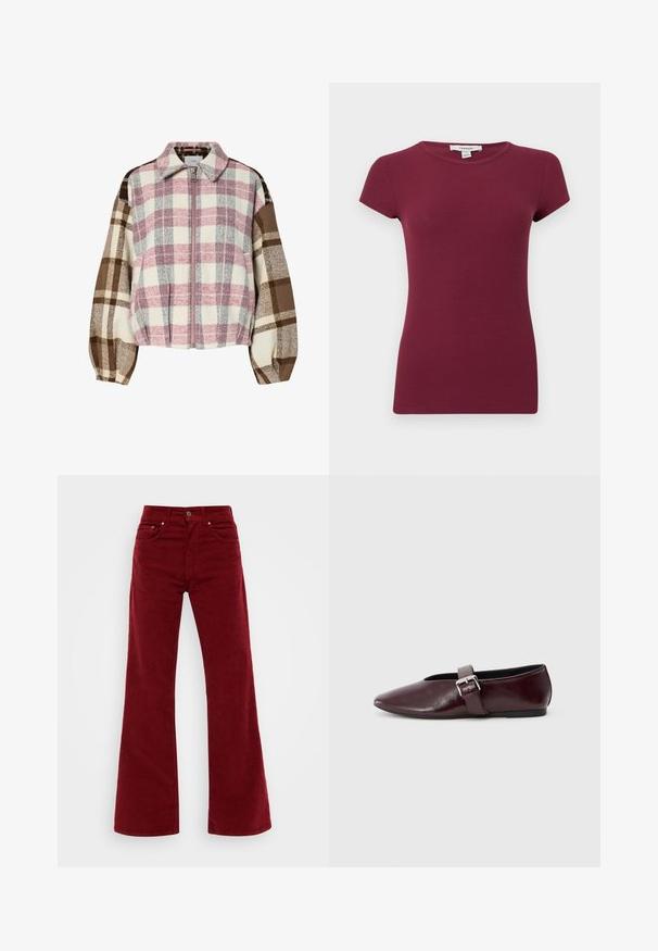 Ternet jakke med nuancer af pink, creme, brun og grå. Blødt stof med krave, frontlynlås og rundede, puffede ærmer.; Kortærmet lilla ribstrikket top med rund hals og tætsiddende silhuet, ensfarvet tekstur, vist på ensartet baggrund.; Bordeaux farvede fløjl flared jeans med høj talje, fem lommer og knaplukning foran. Blød tekstur med brede ben.; Bordeaux læder ballerina sko med spidse tæer, flad sål og en dekorativ spænde-strop over vristen. Glat, blank tekstur.