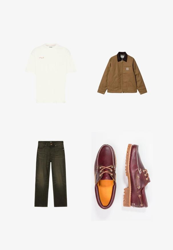 Veste de travail marron avec col noir, fermeture éclair frontale, deux poches latérales inclinées et une poche poitrine zippée avec écusson logo.; T-shirt en coton blanc à manches courtes et col rond. Présente une petite impression de texte rouge sur le côté gauche avec les mots "Purpose" et "Grounded."; Jean vert olive foncé droit avec poches avant, passants de ceinture et rivets en cuivre, étiquette de la marque Wrangler sur la ceinture.; Chaussures en cuir bourgogne avec semelles en caoutchouc marron, bout rond, couture blanche et œillets dorés. L'intérieur présente une doublure jaune.
