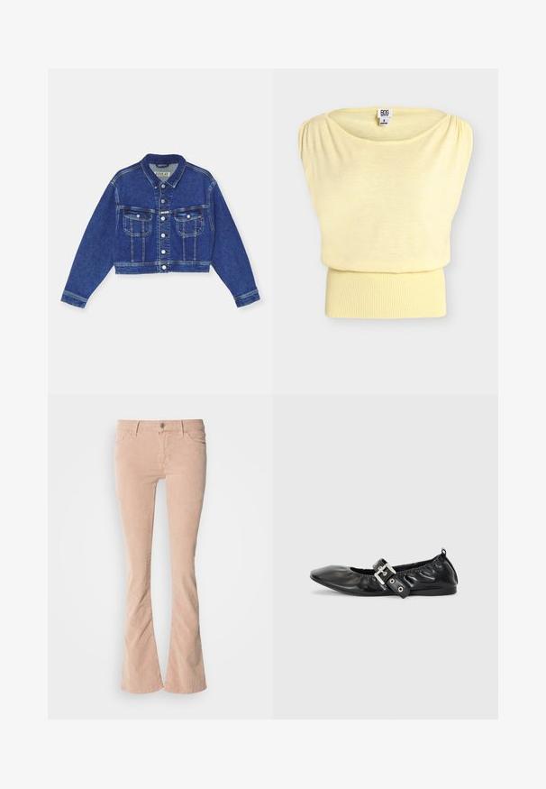 Blå denim cropped jakke med knaplukning, to brystlommer og lange ærmer. Klassisk design med kontrastsyninger og krave.; Lysegul ærmeløs striktop med bred ribkant og sammensamlede stofdetaljer ved skuldrene, størrelse small.; Lysrosa fløjl flared jeans med subtil ribbet tekstur, frontlommer, lynlås og knaplukning, samt en let falmning langs benene.; Sorte læder flade sko med spids tå, samling detaljer omkring åbningen, og en sølv spænde accent på den justerbare rem.