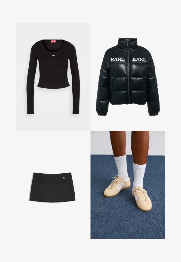 Čierna prešívaná bunda vyrobená z imitácie kože. Má vysoký golier, predné zapínanie na zips a vyšívané logá "KARL" a "KANI" na hrudi.; Čierny dlhý rukáv crop top vyrobený z rebrovanej tkaniny. Má výstrih do tvaru lode a malú červenobielu nášivku na hrudi.; Čierna sukňa s priamym strihom, plochým pásom a malým štvorcovým kovovým detailom. Hladká textúra, minimalistický dizajn.; Osoba v béžových teniskách Adidas s bielymi pruhmi a bielych členkových ponožkách, stojí na modrej kobercovej podlahe.