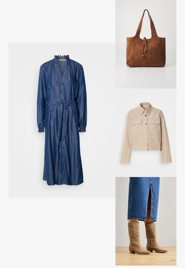 Beige cropped jasje van katoen. Heeft een puntige kraag, twee voorkruiszakken en een knoopsluiting. Getextureerde stof met een subtiele glans.; Denim jurk met lange mouwen, ruches bij de kraag, knopen aan de voorkant en een strikceintuur op de taille. Diepblauwe kleur met een zachte, gestructureerde afwerking.; Tan leren westernlaarzen met decoratieve stiksels, een spitse neus en een gestapelde hak. Draag met een spijkerrok tot de knie, waardoor de laarzen zichtbaar zijn.; Bruine suede tote bag met twee lange handvatten, trekkoordsluiting en een gladde textuur. Kenmerkt zich door een eenvoudig ontwerp en minimale accenten.