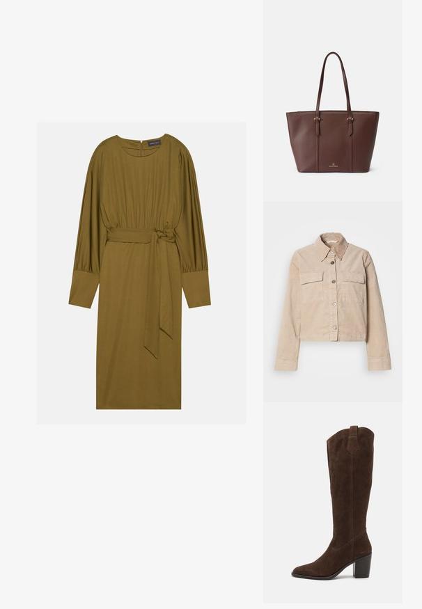 Veste beige coupée en coton. Présente un col pointu, deux poches avant et une fermeture à boutons. Tissu texturé avec un léger éclat.; Robe olive verte mi-longue en tissu lisse, dotée de manches longues, d'une taille cintrée avec une ceinture à nouer et d'un col rond.; Anna Field LEATHER - Bottes à talons hauts - brown; Sac fourre-tout en simili cuir marron avec deux longues poignées, une finition texturée et de discrets accents dorés. Présente un logo bien en vue à l'avant.
