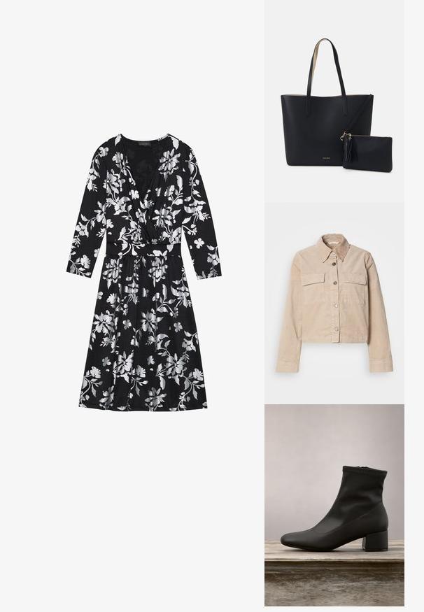 Veste beige coupée en coton. Présente un col pointu, deux poches avant et une fermeture à boutons. Tissu texturé avec un léger éclat.; Robe noire à fleurs avec des manches longues, présentant des motifs floraux argentés, un décolleté en V et une taille ceinturée. Tissu doux avec une jupe fluide.; Bottine noire à finition en cuir lisse et brillante, talon bloc incliné, et tige ajustée élastiquée pour une silhouette élégante.; Sac fourre-tout noir avec un matériau texturé, deux longues anses et une pochette zippée amovible avec un détail de pompon. Logo de la marque en orvisible.