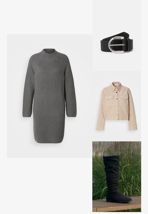 Beige cropped jasje van katoen. Heeft een puntige kraag, twee voorkruiszakken en een knoopsluiting. Getextureerde stof met een subtiele glans.; Grijze gebreide jurk met een hoge halslijn en lange mouwen, met een geribbelde textuur en een losse, rechte pasvorm. Geen zichtbare patronen of accenten.; Zwarte kniehoge laars van zachte stof, met een nonchalant ontwerp, een puntige neus en een platte zool, afgebeeld tegen een grasachtige achtergrond.; Zwarte leren riem met een zilveren metalen gespan, met een gladde textuur en een klassiek ontwerp. De riem heeft een breedte van 3,8 cm.