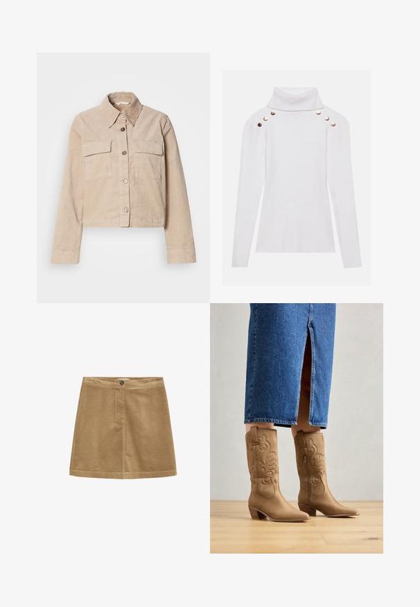 Beige cropped jakke lavet af bomuld. Har en spids krave, to forlommer og knaplukning. Struktureret stof med en subtil glans.; Anna Field Striktrøje - off-white; Brun fløjl mini nederdel med knaplukning, der har en vertikal ribbet tekstur og et enkelt design. Kanten er lige og velafgrænset.; Tan western-stil støvler med dekorativ syning, spids tå og stakket hæl. Båret med en denimnederdel i knæ længde, der afslører støvlerne.