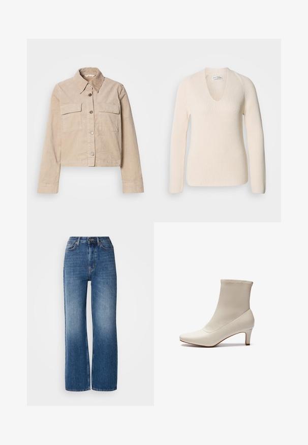 Beige cropped jasje van katoen. Heeft een puntige kraag, twee voorkruiszakken en een knoopsluiting. Getextureerde stof met een subtiele glans.; Crème-kleurige gebreide trui met een V-hals, lange mouwen en ribbelstructuur, met een ontspannen pasvorm en zonder zichtbare patronen of accenten.; Hoge taille, wijde blauwe denim jeans met een gradient wassing, koperen stiksels, een knoopsluiting aan de voorkant en vijf zakken.; Witte enkelboot gemaakt van glad leer met een spitse neus en een korte, taps toelopende hak. Beschikt over een minimalistisch ontwerp en een naadloos bovenwerk.